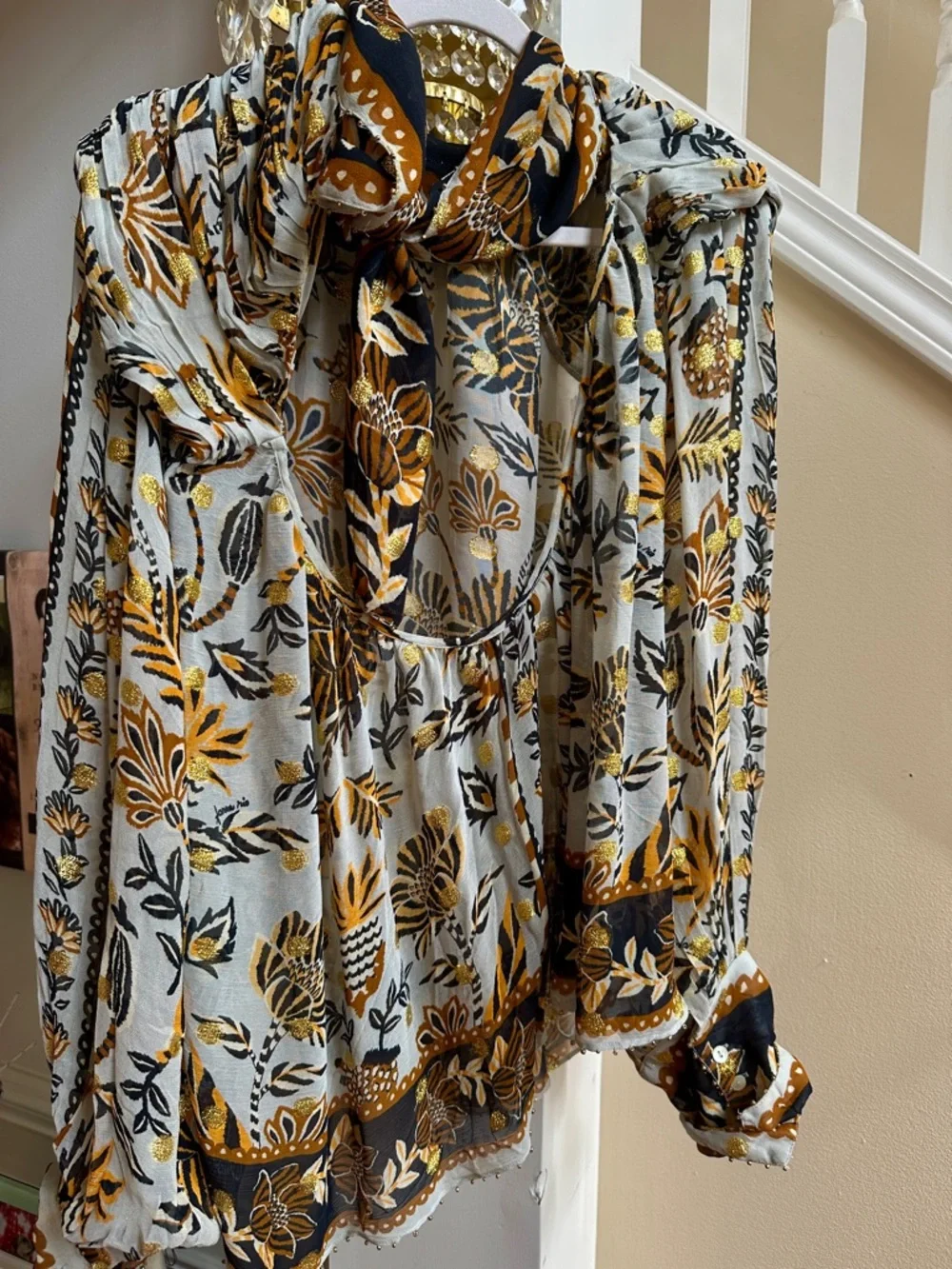 FARM Rio Floral Flowing Tunic w/ Draped Back & Gold Embellishments NWOT - Picture 6 of 11